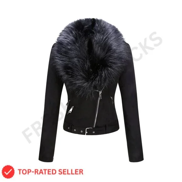 Faux Leather Moto Jacket Sherpa Lined Removable Belt Women's Coat - Picture 1 of 7